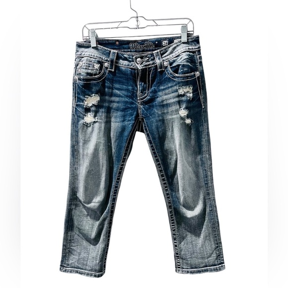 Miss Me Y2K Rhinestone Embroidered Bling Cuffed Capri Pants Size 28 Denim Jeans - Picture 2 of 8